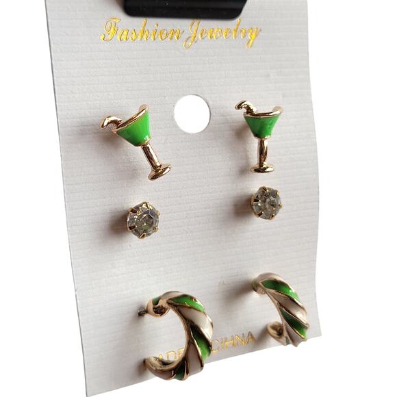 Green Cocktail Drink Stud Earrings Set Crystal Swirl Hoops 3 Pair, Free Gift Bag - Picture 4 of 6